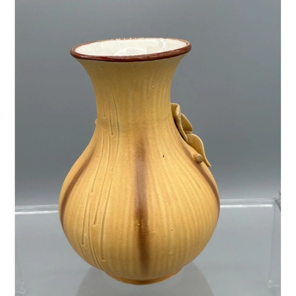 Vintage Mustard Yellow Flower Vase Floral Design Handmade Ceramic Pottery  7
